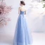 Modern / Fashion Sky Blue Lace Flower Prom Dresses Backless 2021 A-Line / Princess Strapless Sleeveless Floor-Length / Long Formal Dresses