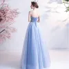 Modern / Fashion Sky Blue Lace Flower Prom Dresses Backless 2021 A-Line / Princess Strapless Sleeveless Floor-Length / Long Formal Dresses