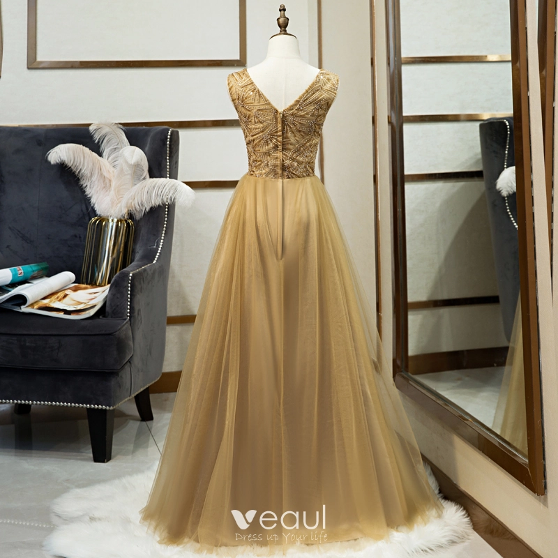 BMbridal Elegant Mermaid Jewel Long Gold Prom Dresses Sleeveless Evening  Gowns with Rhinestones | BmBridal
