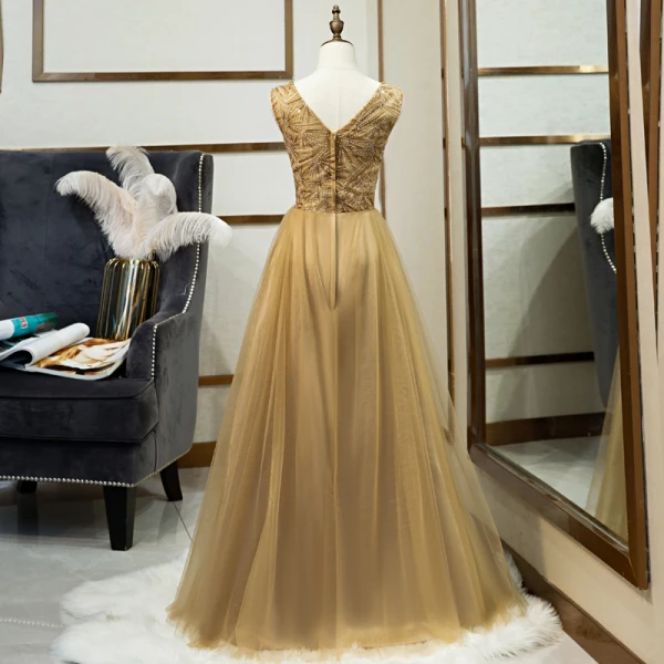 Élégant Doré Robe De Soirée 2019 Princesse V-Cou Perlage En Dentelle Paillettes Sans Manches Dos Nu Longue Robe De Ceremonie
