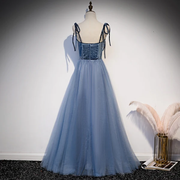 Classy Ocean Blue Prom Dresses 2020 A-Line / Princess Spaghetti Straps Bow Suede Sleeveless Backless Floor-Length / Long Formal Dresses