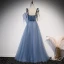 Classy Ocean Blue Prom Dresses 2020 A-Line / Princess Spaghetti Straps Bow Suede Sleeveless Backless Floor-Length / Long Formal Dresses