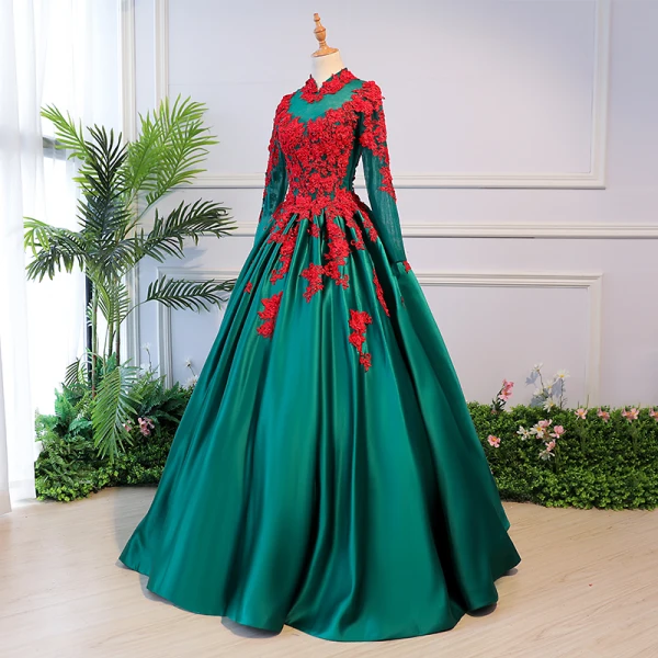 Vintage / Retro Quinceañera Ink Blue Prom Dresses 2018 Ball Gown Lace Appliques Pearl High Neck Backless Long Sleeve Floor-Length / Long Formal Dresses
