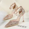 Charming Rose Gold Evening Party Womens Shoes 2020 Ankle Strap Sequins 9 cm Stiletto Heels Pointed Toe High Heels