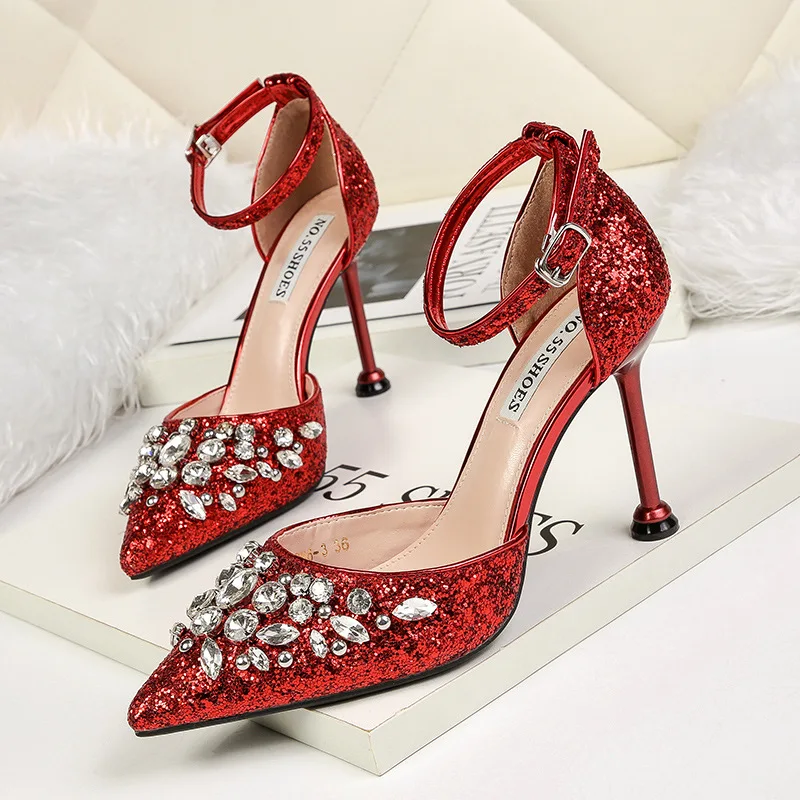 Sparkly Rose Gold Evening Party Womens Shoes 2019 Sequins Ankle Strap Rhinestone 9 cm