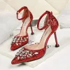 Sparkly Rose Gold Evening Party Womens Shoes 2019 Sequins Ankle Strap Rhinestone 9 cm Stiletto Heels Pointed Toe High Heels
