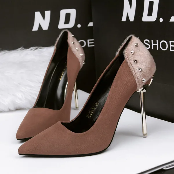 Stilig Brun Casual Pumps 2019 Mocka Nit 10 cm Stilettklackar Spetsiga Pumps