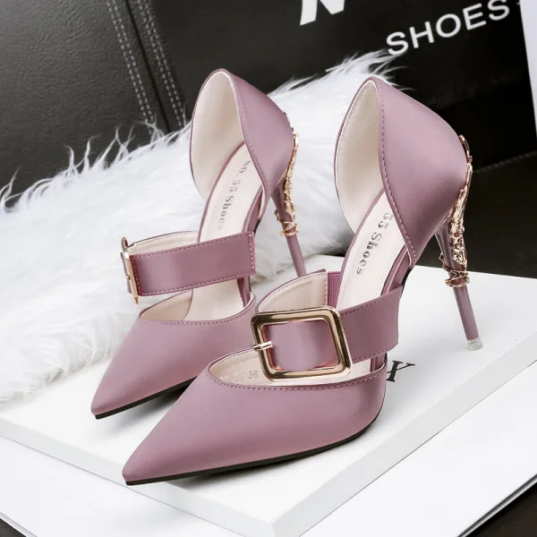 Simple Rouge Désinvolte Chaussures Femmes 2019 Boucle 10 cm Talons Aiguilles À Bout Pointu Talons Hauts