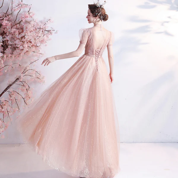 Fashion Blushing Pink Homecoming Graduation Dresses 2021 A-Line / Princess High Neck Beading Pearl Sequins Short Sleeve Backless Floor-Length / Long Formal Dresses