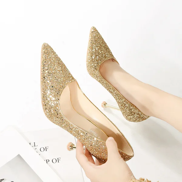 Scintillantes Or Rose Soirée Escarpins 2020 Paillettes 9 cm Talons Aiguilles À Bout Pointu Escarpins