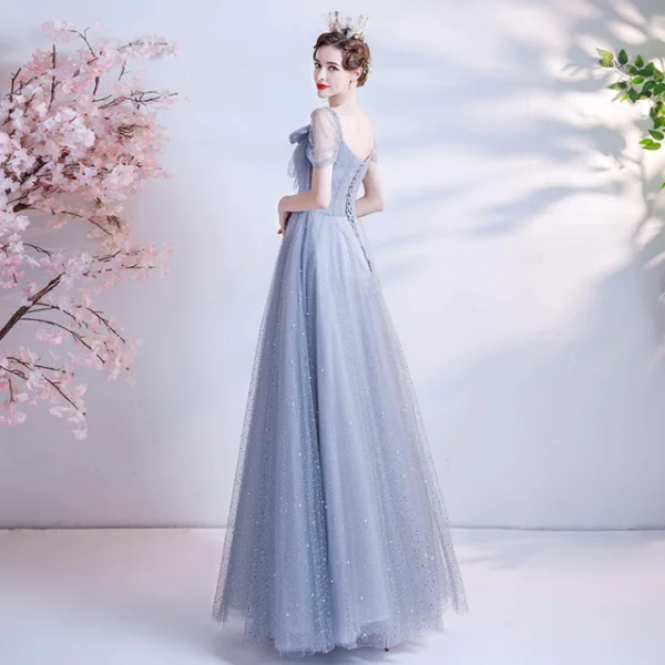 Fashion Silver Prom Dresses 2021 A-Line / Princess Square Neckline Rhinestone Bow Short Sleeve Backless Floor-Length / Long Formal Dresses