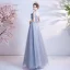 Fashion Silver Prom Dresses 2021 A-Line / Princess Square Neckline Rhinestone Bow Short Sleeve Backless Floor-Length / Long Formal Dresses