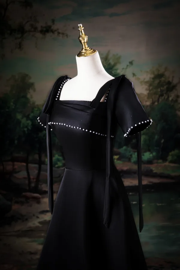 Elegant Black Pearl Prom Dresses 2025 A-Line / Princess Square Neckline Short Sleeve Backless Floor-Length / Long Prom Formal Dresses
