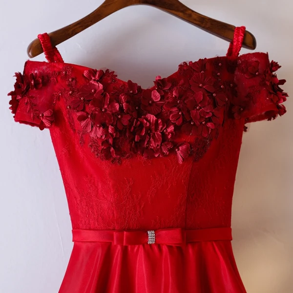 Chic / Beautiful Red Formal Dresses Evening Dresses 2017 Lace Flower Bow Pearl Shoulders Short Sleeve Floor-Length / Long A-Line / Princess Artificial Flowers