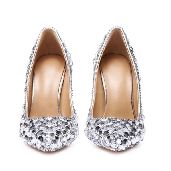 Charmant Argenté Chaussure De Mariée 2020 Faux Diamant 11 cm Talons Aiguilles À Bout Pointu Mariage Escarpins