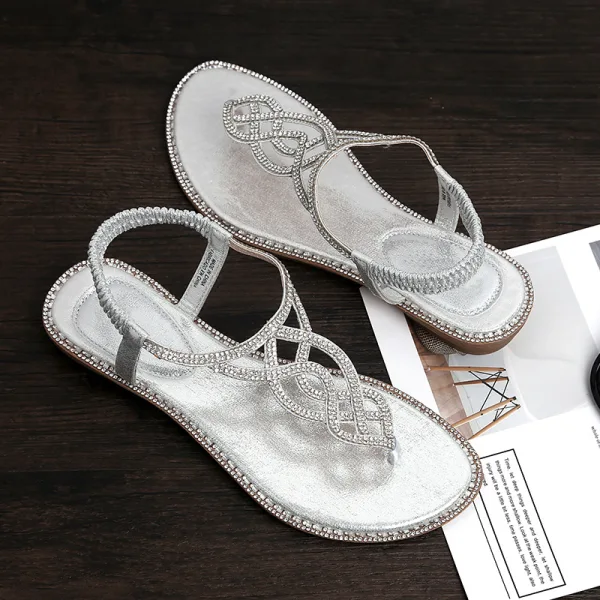 Bohême Plage Argenté Plate Chaussures Femmes 2020 Daim Faux Diamant T-Strap Pantoufle & Tongs