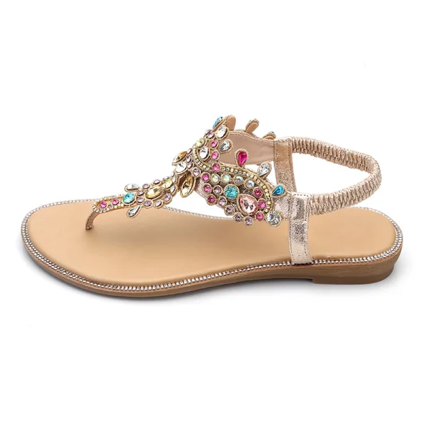 Fashion Gold Casual Flat Womens Shoes 2020 Multi-Colors Rhinestone Suede T-Strap Slipper & Flip flops