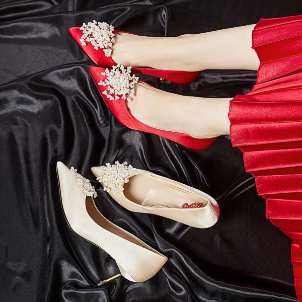 Elegancka Czerwone Buty Ślubne 2020 Satyna Perła 6 cm Szpilki Szpiczaste Ślub Czółenka