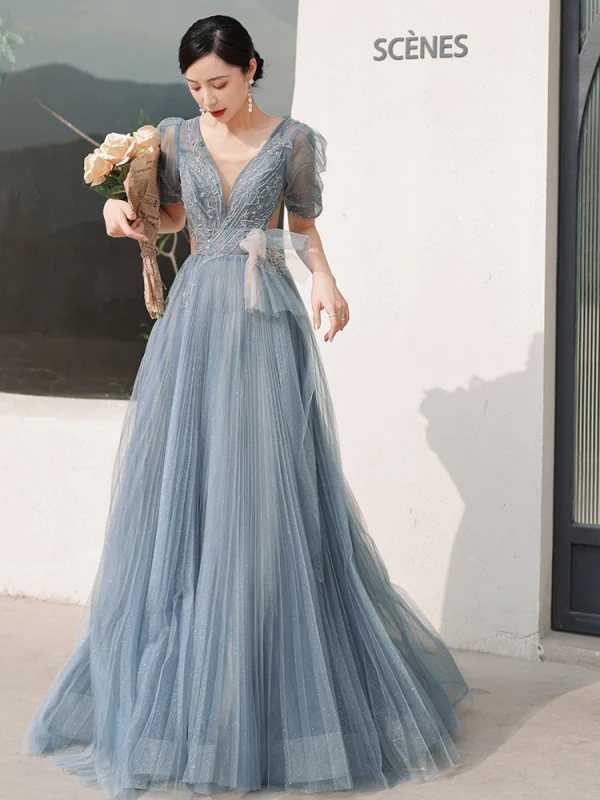 Fashion Sky Blue Prom Dresses Evening Dresses  2021 A-Line / Princess U-Neck Beading Rhinestone Short Sleeve Backless Floor-Length / Long Formal Dresses