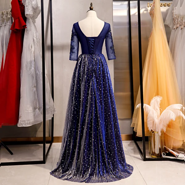 Elegant Royal Blue Evening Dresses 2020 A-Line / Princess V-Neck Beading Crystal Lace Flower Star 3/4 Sleeve Backless Floor-Length / Long Formal Dresses