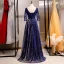 Elegant Royal Blue Evening Dresses  2020 A-Line / Princess V-Neck Beading Crystal Lace Flower Star 3/4 Sleeve Backless Floor-Length / Long Formal Dresses