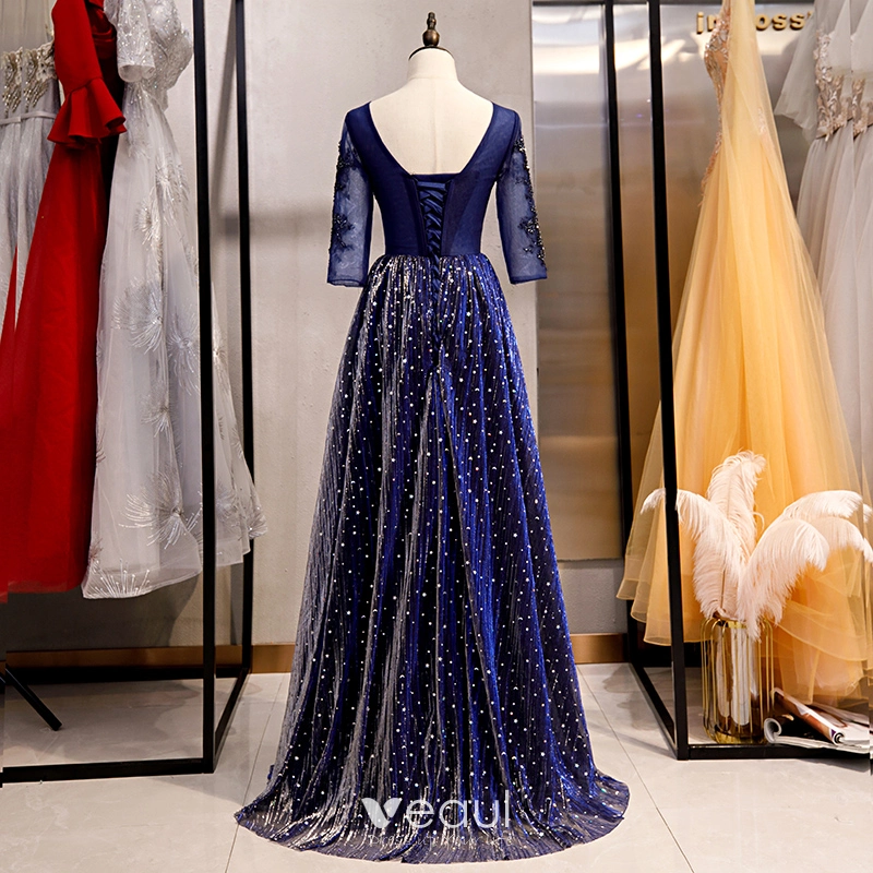 Elegant Royal Blue Evening Dresses 2020 A-Line / Princess V-Neck Beading Crystal Lace Flower Star 3/4 Sleeve Backless Floor-Length / Long Formal