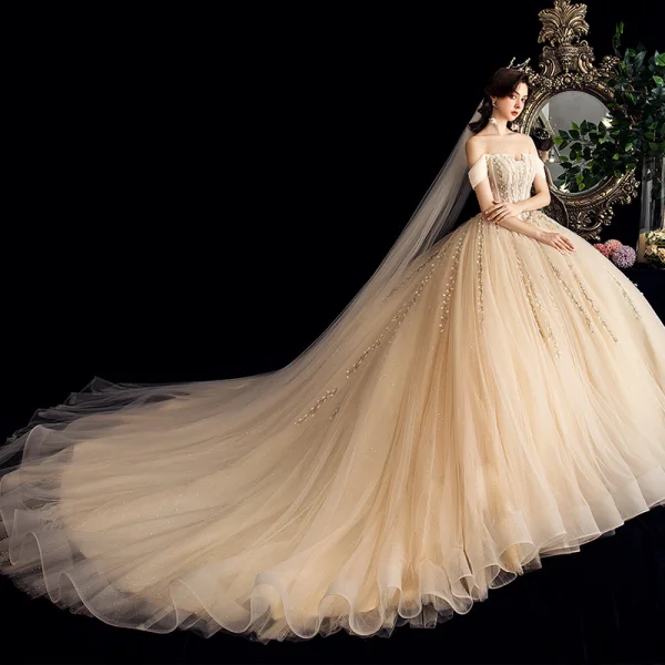 Charming Champagne Wedding Dresses 2020 Ball Gown Off-The-Shoulder Sequins Lace Flower Sleeveless Backless Chapel Train