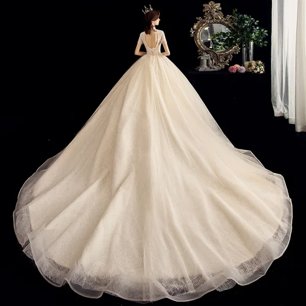 Vintage / Retro Champagne Wedding Dresses 2020 A-Line / Princess High Neck Beading Pearl Lace Short Sleeve Backless Chapel Train