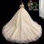 Vintage / Retro Champagne Wedding Dresses 2020 A-Line / Princess High Neck Beading Pearl Lace Short Sleeve Backless Chapel Train