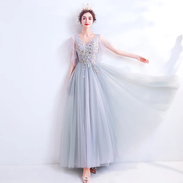 Elegant Grey Evening Dresses  2020 A-Line / Princess V-Neck Pearl Rhinestone Lace Flower Short Sleeve Backless Floor-Length / Long Formal Dresses