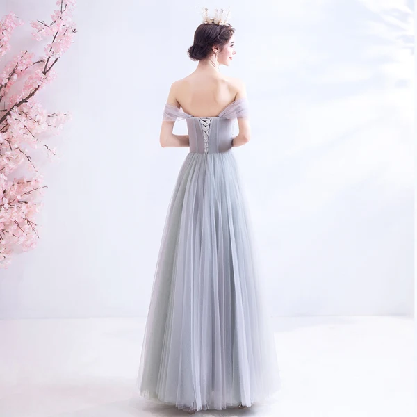 Classy Grey Prom Dresses 2020 A-Line / Princess Off-The-Shoulder Beading Crystal Lace Flower Sleeveless Backless Floor-Length / Long Formal Dresses