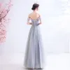 Classy Grey Prom Dresses 2020 A-Line / Princess Off-The-Shoulder Beading Crystal Lace Flower Sleeveless Backless Floor-Length / Long Formal Dresses