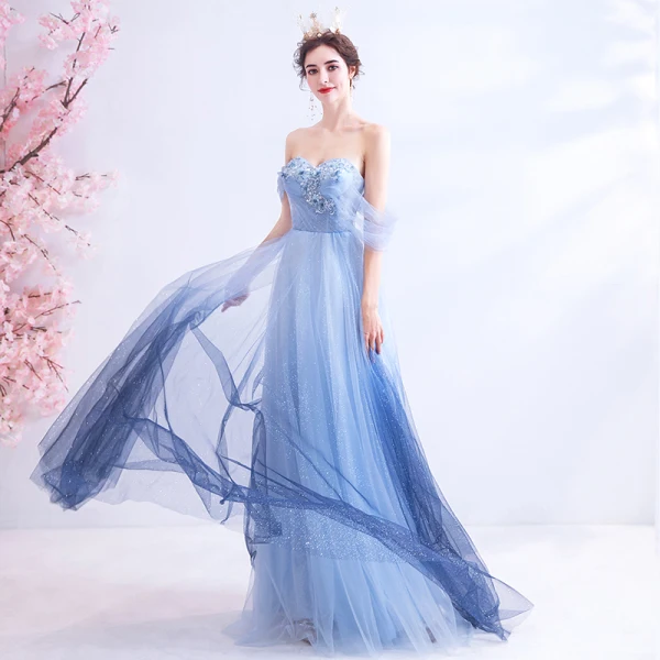 Charming Gradient-Color Sky Blue Evening Dresses 2020 A-Line / Princess Off-The-Shoulder Appliques Beading Crystal Rhinestone Sequins Short Sleeve Backless Floor-Length / Long Formal Dresses