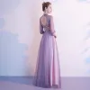 Schöne Lavendel Abendkleider 2020 A Linie Stehkragen Spitze Blumen 1/2 Ärmel Rückenfreies Lange Festliche Kleider