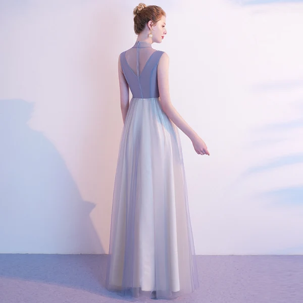 Elegant Grey Evening Dresses 2020 A-Line / Princess High Neck Pearl Rhinestone Lace Flower Sleeveless Floor-Length / Long Formal Dresses