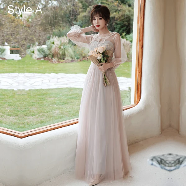 Fashion Blushing Pink Bridesmaid Dresses 2021 A-Line / Princess Scoop Neck Lace Flower Appliques 3/4 Sleeve Backless Floor-Length / Long Wedding Party Dresses