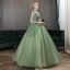 Elegant Lime Green Prom Dresses 2020 Ball Gown V-Neck Beading Rhinestone Lace Flower Short Sleeve Backless Floor-Length / Long Formal Dresses