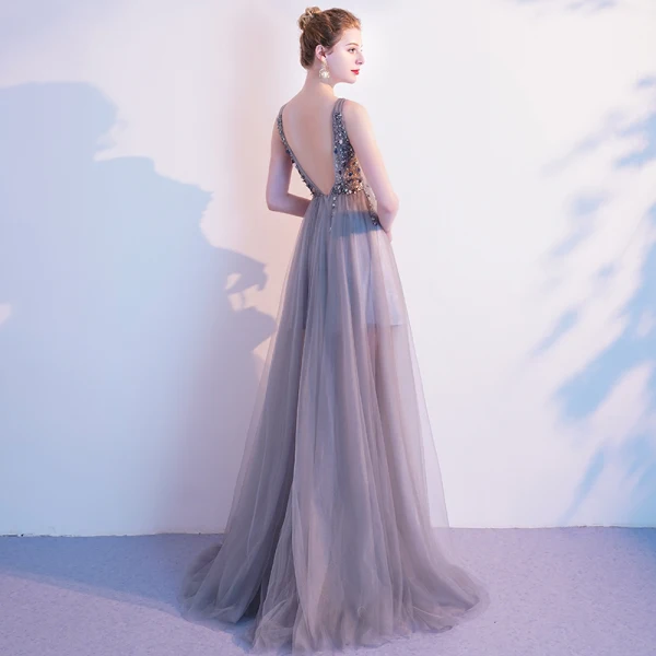 Elegant Grey Evening Dresses 2020 A-Line / Princess V-Neck Beading Sequins Sleeveless Backless Floor-Length / Long Formal Dresses