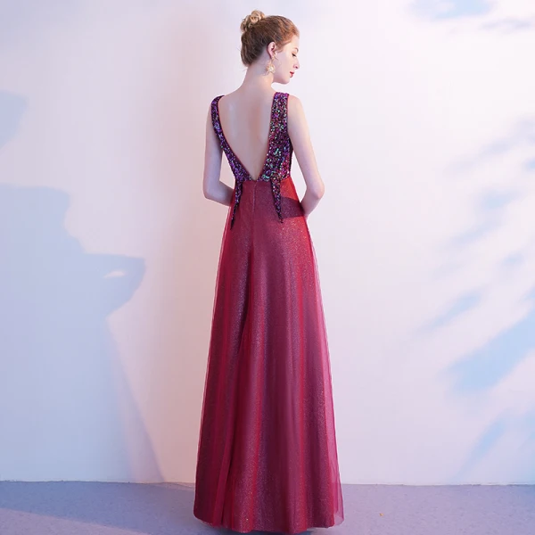 Classy Burgundy Evening Dresses  2020 A-Line / Princess V-Neck Sequins Sleeveless Backless Floor-Length / Long Formal Dresses