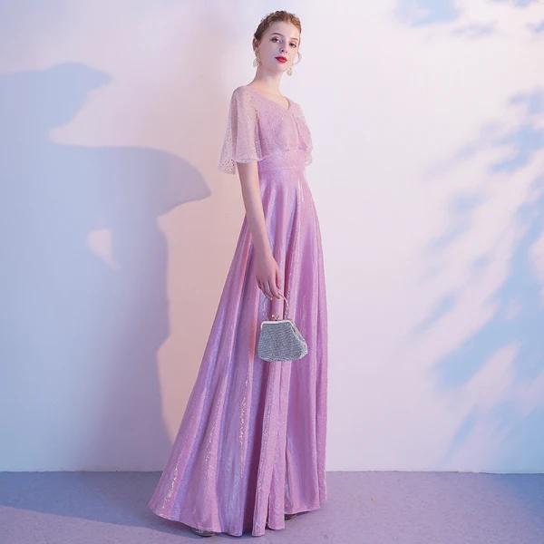 Chic / Belle Rose Bonbon Robe De Soirée 2020 Princesse V-Cou Faux Diamant Manches Courtes Dos Nu Longue Robe De Ceremonie
