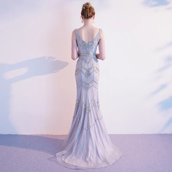 Luxury / Gorgeous Grey Evening Dresses  2020 Trumpet / Mermaid V-Neck Handmade  Beading Rhinestone Sleeveless Backless Floor-Length / Long Formal Dresses