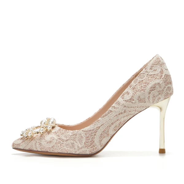 Mode Argenté Chaussure De Mariée 2020 En Dentelle Perle Faux Diamant 8 cm Talons Aiguilles À Bout Pointu Mariage Escarpins