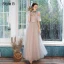 Modest / Simple Blushing Pink Bridesmaid Dresses 2021 A-Line / Princess V-Neck Lace Flower Appliques Short Sleeve Backless Floor-Length / Long Wedding Party Dresses