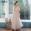 Modest / Simple Blushing Pink Bridesmaid Dresses 2021 A-Line / Princess V-Neck Lace Flower Appliques Short Sleeve Backless Floor-Length / Long Wedding Party Dresses