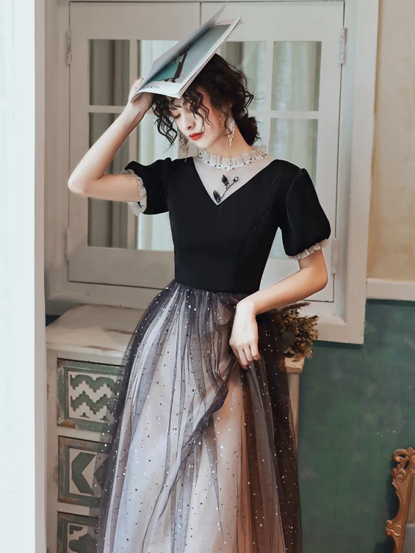 Fashion Black Evening Dresses  2020 A-Line / Princess Scoop Neck Beading Star Sequins Short Sleeve Backless Floor-Length / Long Formal Dresses