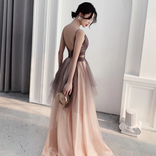 Fashion Gradient-Color Khaki Glitter Evening Dresses 2020 A-Line / Princess Spaghetti Straps Sleeveless Backless Floor-Length / Long Formal Dresses