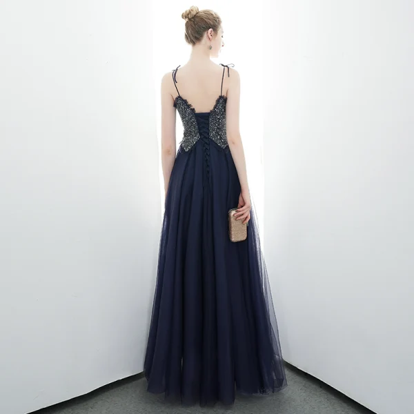 Chic Bleu Marine Robe De Soirée 2020 Princesse Bretelles Spaghetti Perlage Paillettes Sans Manches Dos Nu Longue Robe De Ceremonie