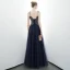Chic Bleu Marine Robe De Soirée 2020 Princesse Bretelles Spaghetti Perlage Paillettes Sans Manches Dos Nu Longue Robe De Ceremonie