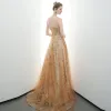 Charming Gold Evening Dresses  2020 A-Line / Princess Strapless Beading Sequins Lace Flower Sleeveless Backless Sweep Train Formal Dresses