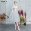 Chinese style Grey Embroidered Bridesmaid Dresses 2021 A-Line / Princess High Neck Short Sleeve Backless Tea-length Bridesmaid Wedding Party Dresses
